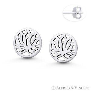 Lotus Flower Buddhist Charm Stud Earrings in Oxidized .925 Sterling Silver